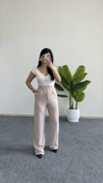 Melina Cırtlı Palazzo Pantolon - Taş - Görsel 3