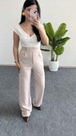 Melina Cırtlı Palazzo Pantolon - Taş - Görsel 4