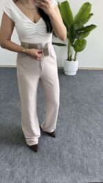 Melina Cırtlı Palazzo Pantolon - Taş - Görsel 5