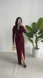 Melodi Gold Aksesuarlı Elbise - Bordo