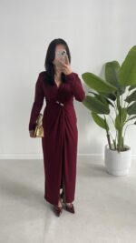 Melodi Gold Aksesuarlı Elbise - Bordo - Görsel 5