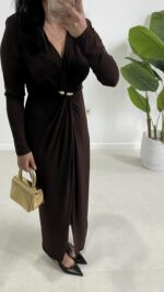 Melodi Gold Aksesuarlı Elbise - Kahverengi - Görsel 3