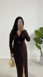 Melodi Gold Aksesuarlı Elbise - Kahverengi - Görsel 4