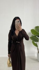 Melodi Gold Aksesuarlı Elbise - Kahverengi - Görsel 2