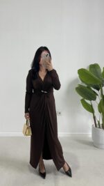 Melodi Gold Aksesuarlı Elbise - Kahverengi - Görsel 6