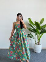 Meris Çiçekli Poplin Elbise - Yeşil - Görsel 2