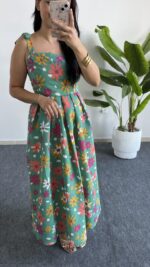 Meris Çiçekli Poplin Elbise - Yeşil - Görsel 6