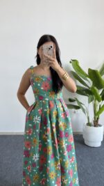 Meris Çiçekli Poplin Elbise - Yeşil - Görsel 4