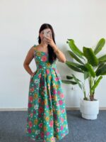 Meris Çiçekli Poplin Elbise - Yeşil - Görsel 3