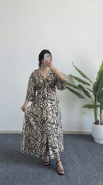 Mia Desenli Kruvaze Elbise - Krem