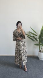 Mia Desenli Kruvaze Elbise - Krem - Görsel 4
