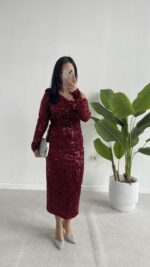 Midi Boy Pul Payet Elbise - Bordo - Görsel 7