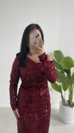 Midi Boy Pul Payet Elbise - Bordo - Görsel 5