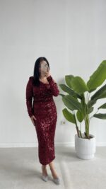 Midi Boy Pul Payet Elbise - Bordo