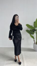 Midi Boy Pul Payet Elbise - Siyah