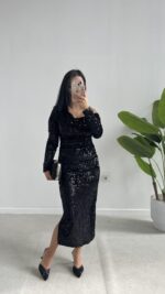 Midi Boy Pul Payet Elbise - Siyah - Görsel 5