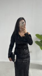 Midi Boy Pul Payet Elbise - Siyah - Görsel 2