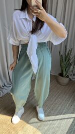 Mint Yeşili Balon Model Keten Pantolon - Görsel 5