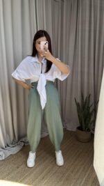 Mint Yeşili Balon Model Keten Pantolon