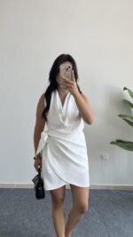 Mira Degaje Yaka Anvelop Elbise - Beyaz - Görsel 5