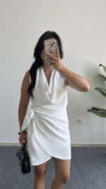 Mira Degaje Yaka Anvelop Elbise - Beyaz - Görsel 4