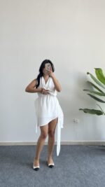 Mira Degaje Yaka Anvelop Elbise - Beyaz - Görsel 7