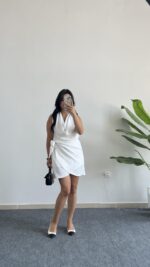 Mira Degaje Yaka Anvelop Elbise - Beyaz