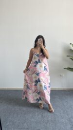 Molis Çiçek Desenli Askılı Elbise - Pudra - Görsel 5