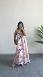 Molis Çiçek Desenli Askılı Elbise - Pudra