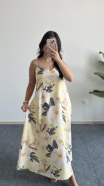 Molis Çiçek Desenli Askılı Elbise - Sarı - Görsel 5