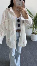 Nakışlı Keten Gömlek - Fuşya - Görsel 5