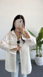 Nakışlı Keten Gömlek - Fuşya - Görsel 3