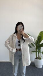 Nakışlı Keten Gömlek - Fuşya