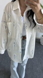 Nakışlı Keten Gömlek - Mavi - Görsel 3