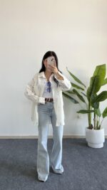 Nakışlı Keten Gömlek - Mavi - Görsel 2