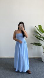 Olesa Sırtı Bağlamalı Keten Elbise - Bebe Mavi - Görsel 4