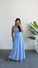 Olesa Sırtı Bağlamalı Keten Elbise - Bebe Mavi - Görsel 2