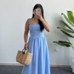 Olesa Sırtı Bağlamalı Keten Elbise - Bebe Mavi