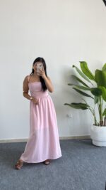 Olesa Sırtı Bağlamalı Keten Elbise - Pembe - Görsel 4