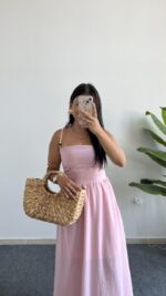 Olesa Sırtı Bağlamalı Keten Elbise - Pembe - Görsel 2