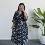 Oria Papatya Desenli Çan Elbise - Lacivert