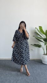 Oria Papatya Desenli Çan Elbise - Lacivert