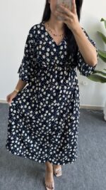 Oria Papatya Desenli Çan Elbise - Lacivert - Görsel 4