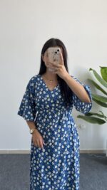 Oria Papatya Desenli Çan Elbise - Mavi - Görsel 4