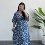 Oria Papatya Desenli Çan Elbise - Mavi