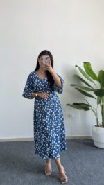 Oria Papatya Desenli Çan Elbise - Mavi - Görsel 5