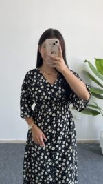 Oria Papatya Desenli Çan Elbise - Siyah - Görsel 4