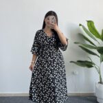 Oria Papatya Desenli Çan Elbise - Siyah