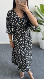 Oria Papatya Desenli Çan Elbise - Siyah - Görsel 6