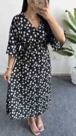 Oria Papatya Desenli Çan Elbise - Siyah - Görsel 5